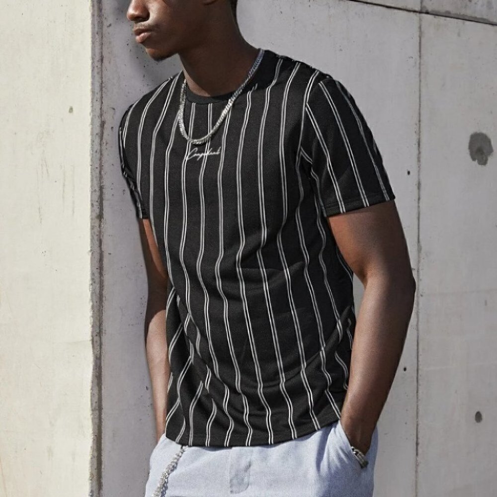 Preppy Black & White Striped Men's Round Neck Tee